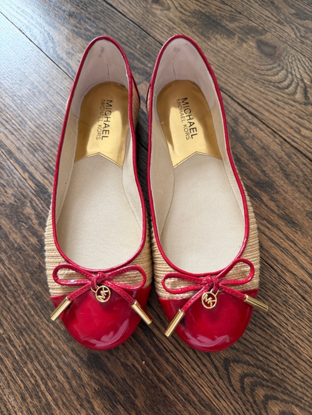 Michael Kors Red Patent Toe Raffia Ballet Flats